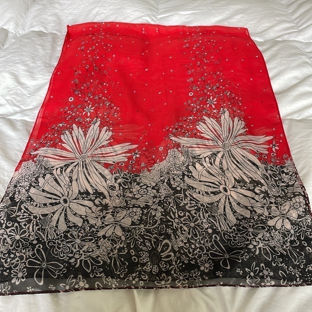 Beautiful Red|Black|Cream | Floral Neck /Hair Scarf | Polyester| 18.5” X 57 “ - Picture 2 of 12